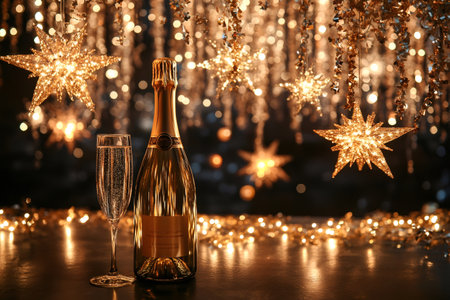 Champagne bottle and flute sitting on table underneath golden star decorations and string lights, celebrating new year's eveの素材