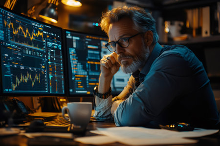 Experienced financial analyst working late at night, analyzing charts and data on computer screensの素材