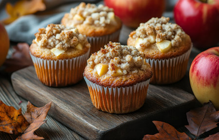 Freshly baked apple crumble muffins are arranged on a wooden board, surrounded by autumn leaves and apples, creating a cozy fall sceneの素材