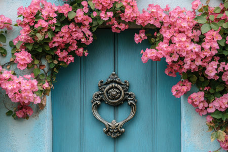 Pink bougainvillea flowers cascading over a turquoise blue door featuring an antique, decorative knocker, creating a charming and inviting entranceの素材