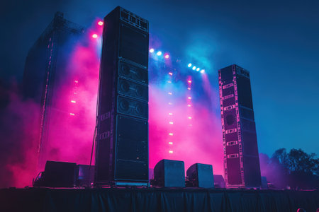 Powerful concert speakers stand tall on stage beneath vibrant lights and smoke, creating an electrifying atmosphereの素材