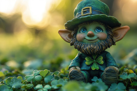 Leprechaun figurine sitting in a clover patch holding a four leaf clover with a sunset in the backgroundの素材