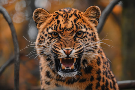 Close-up of an angry leopard growling, showing its teeth, in an autumnal forest settingの素材