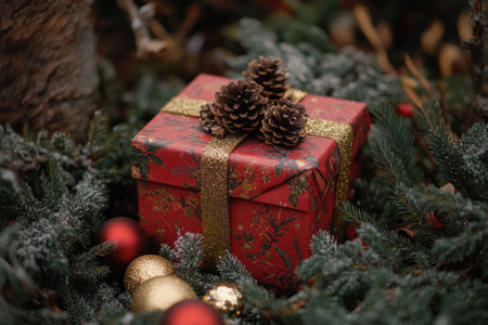 Red Christmas present decorated with natural pine cones and gold ribbon rests on fir tree branches covered with snowの素材