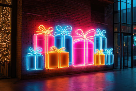 Vibrant neon Christmas gift boxes glowing on a brick wall create a festive atmosphereの素材
