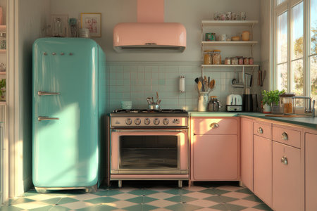 Sunlight is coming through the window of a retro kitchen featuring pastel pink cabinets and a turquoise refrigeratorの素材