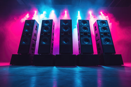 Professional audio speakers emitting powerful sound waves in a concert venue filled with smoke and illuminated by pink and blue stage lights, creating an electrifying atmosphereの素材