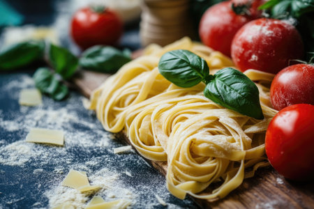 Tagliatelle pasta with tomatoes, basil and cheese on a dark background sprinkled with flour, ingredients for cookingの素材