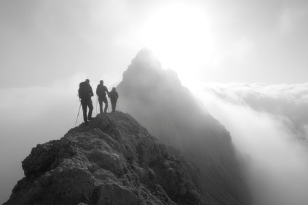 Three mountaineers standing on a rocky summit, enjoying the breathtaking view of a misty cloudscape with backlightの素材