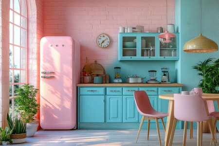 Sunlight illuminates a retro pink and turquoise kitchen with houseplants by a large windowの素材