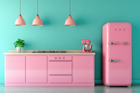 Pink retro refrigerator, kitchen cabinets, and appliances create a vibrant and stylish interior design in a modern kitchen with turquoise wallsの素材