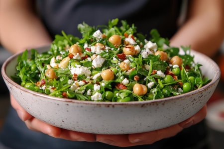 Chef presenting a healthy and vibrant green pea salad, featuring chickpeas, feta cheese, and walnuts, promoting fresh and nutritious cuisineの素材