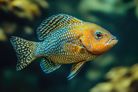 Close-up of an oscar fish showcasing its orange, blue, and gold coloration, highlighting the beauty of aquatic lifeの素材