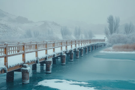 Wooden bridge covered by snow crossing a frozen river in a misty winter landscapeの素材