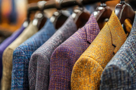 Tweed jackets in various colors and textures hang on a rack in a clothing store, showcasing different styles and options for shoppersの素材