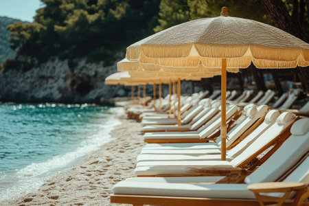 Wooden beach chairs and straw umbrellas standing on a sandy beach by the sea, inviting tourists to relax and enjoy the beautiful viewの素材