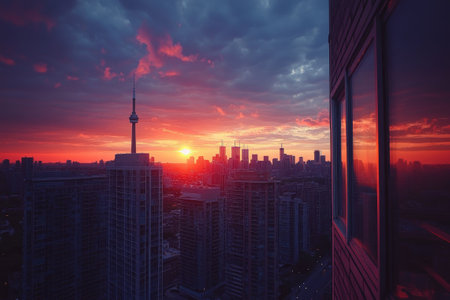Stunning sunset over Toronto cityscape, featuring the iconic cn tower and reflections on modern architectureの素材