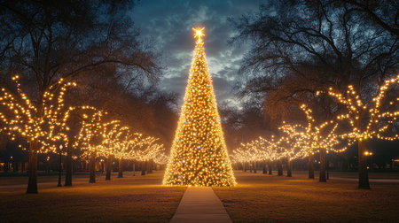Pathway leading to illuminated Christmas tree at night, surrounded by trees decorated with string lights, creating a festive holiday atmosphereの素材