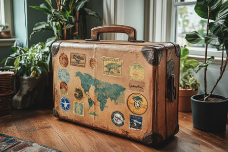 Vintage suitcase covered with travel stickers and a world map sits on a wooden table, evoking a sense of wanderlust and past adventuresの素材