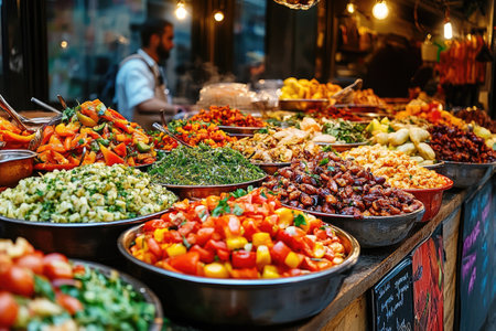 Bowls of freshly made Mediterranean food are displayed at a street market, ready to be sold to hungry customersの素材