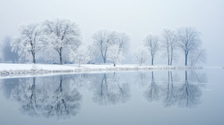 Beautiful winter landscape showing trees covered with hoarfrost reflecting in a frozen lake during a misty morningの素材