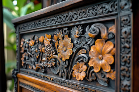 Close-up of a dark wooden surface showcasing a detailed floral carving with contrasting light wood accentsの素材