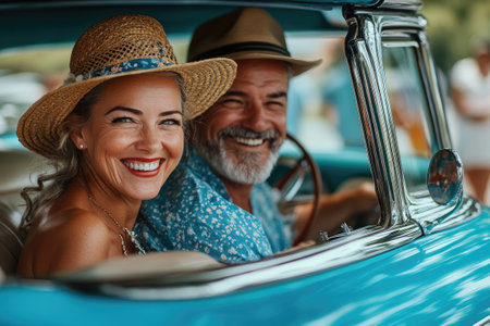 Senior couple wearing straw hats smiling and enjoying a ride in a classic convertible carの素材