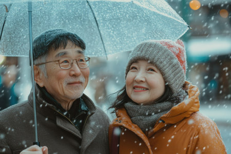 Smiling senior couple under umbrella enjoying snowfall in winter cityの素材