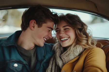 Happy young couple laughing together while sitting inside vintage car during road tripの素材