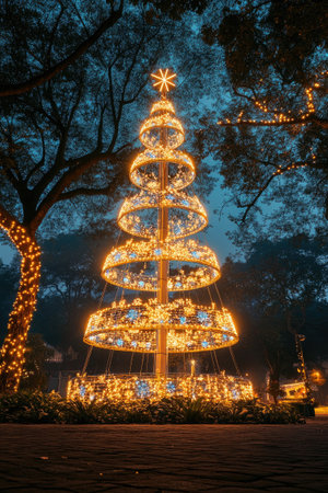 Large Christmas tree with bright lights decorating the public park at night, creating a magical holiday atmosphereの素材