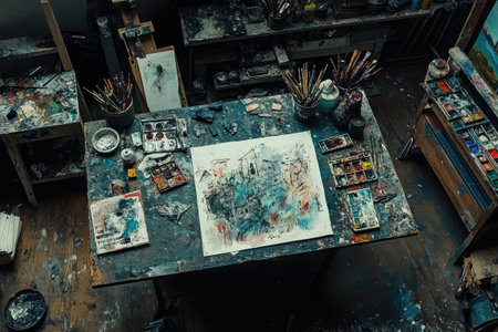 Messy art studio desk showing painting supplies, brushes, and artwork, capturing the essence of the creative processの素材