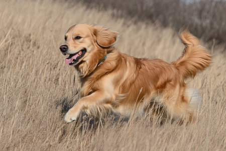 Golden retriever dog running happily through tall dry grass in a fieldの素材