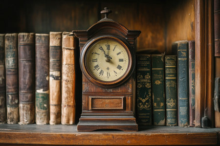 Old wooden clock is surrounded by antique books on a bookshelf, representing history, time, and knowledgeの素材
