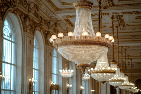 Beautiful crystal chandeliers hanging from a high ceiling in a luxurious ballroom, creating a glamorous atmosphereの素材