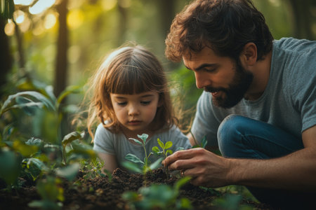 Father and daughter gardening together, planting seedlings in their garden at sunsetの素材