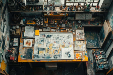 Messy art studio desk covered with sketches, paint, and brushes, showing the creative process of an artistの素材