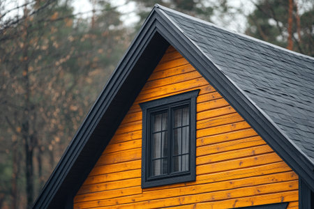 Wooden cabin featuring a black roof and window, nestled within a forest, showcases a striking contrast and modern architectural styleの素材