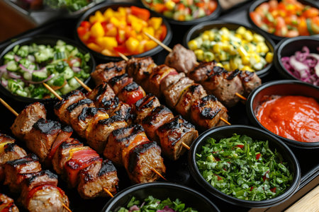 Delicious grilled pork skewers, accompanied by colorful vegetables and an assortment of sauces, offer a tempting culinary experienceの素材
