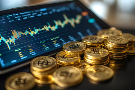 Gold bitcoin coins stacked next to mobile device displaying positive cryptocurrency trading chartの素材