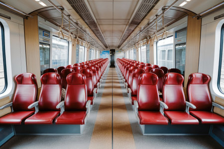 Rows of red passenger seats stand waiting in an empty modern train car, ready for a journeyの素材