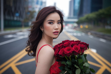 Beautiful young asian woman holding a bouquet of red roses on a city streetの素材
