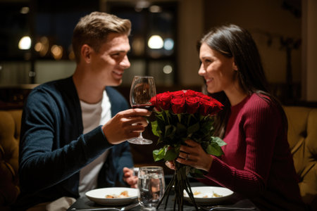 Happy couple toasting with wine glasses during romantic dinner in restaurant with bouquet of red rosesの素材