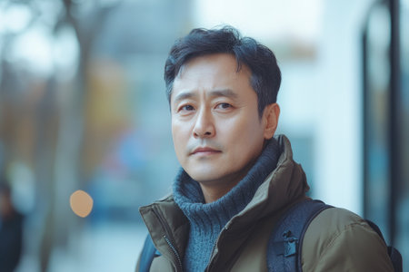 Portrait of a middle-aged Asian man wearing winter clothes and a backpack, standing in a city settingの素材