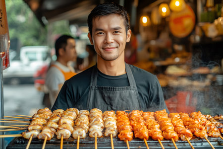 Smiling chef grilling skewers of squid and chicken at asian street food marketの素材