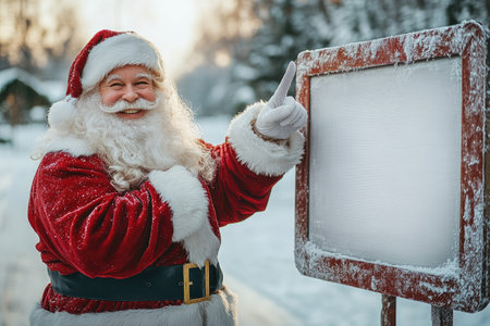 Santa claus pointing at a blank snowy sign in a winter forest, offering space for holiday messagesの素材