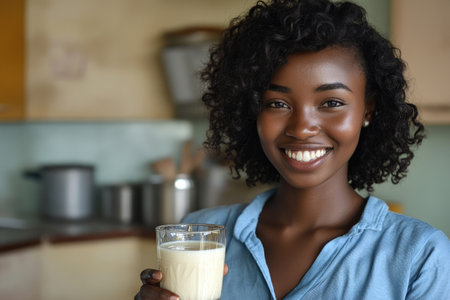 Happy young woman enjoying a glass of fresh milk in her kitchenの素材