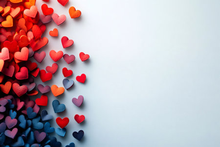 Many colorful hearts creating a gradient on light blue background with copy spaceの素材