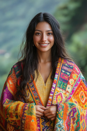 Portrait of smiling young latin woman wearing colorful traditional poncho in front of blurred green backgroundの素材