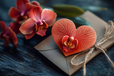 Heart-shaped orchid petal lies on a brown envelope tied with twine, conveying love, romance, and heartfelt emotionsの素材