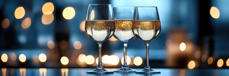 Three elegant glasses of sparkling wine stand on a reflective surface, creating a festive atmosphere with a warm, bokeh backgroundの素材